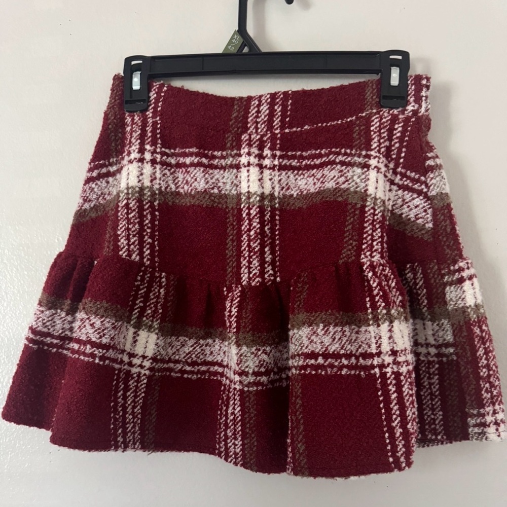 Plaid Ruffle Mini Skirt - Burgundy